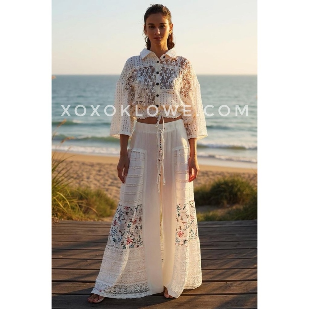 POL White Floral Lace Patchwork Boho Wide Leg Pants | Elastic Waist Pull On - Picture 4 of 10